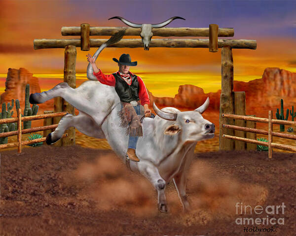 Brahma Bull Poster featuring the digital art Ride 'em Cowboy by Glenn Holbrook