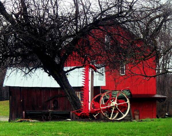 Red Barn Poster featuring the photograph Red Barn and Horse Drawn Sickle Bar Mower by R A W M 