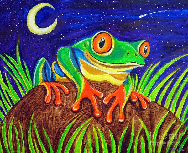 Red-eyed Tree Frog Poster featuring the painting Red-eyed tree frog and starry night by Nick Gustafson