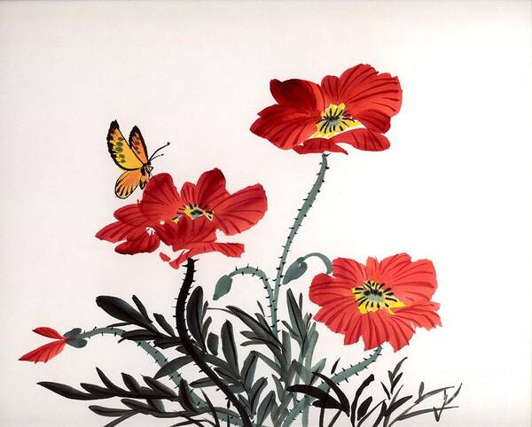 Floral Poster featuring the painting Red Poppies by Yolanda Koh