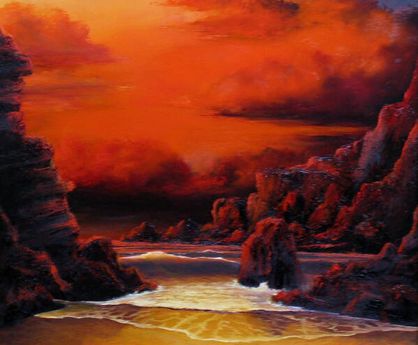 Seascape Sunset Poster featuring the painting Red Sunset by John Cocoris