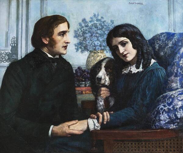 Herbert Gustave Carmichael Schmalz (british 1856-1935) Poster featuring the painting Robert Browning visits Elizabeth Barrett at 50 Wimpole Street by Celestial Images