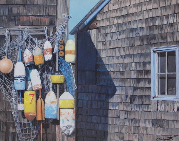 Lobster Poster featuring the painting Rockport fishing shack with lobster-buoys and nets by Barbara Barber