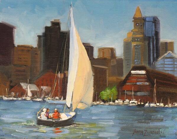 Oil Painting Poster featuring the painting Sailing Boston Harbor by Laura Lee Zanghetti