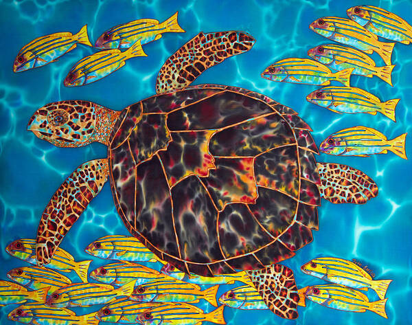 Sea Turtle Poster featuring the painting Sea Turtle with Schooling Fish by Daniel Jean-Baptiste