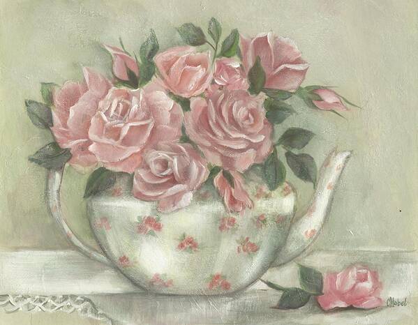 Teapot Poster featuring the painting Shabby teapot rose painting by Chris Hobel