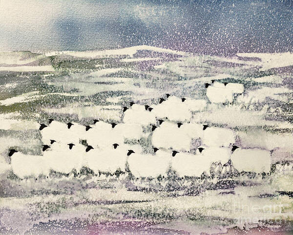 Sheep In Winter Poster featuring the painting Sheep in Winter by Suzi Kennett