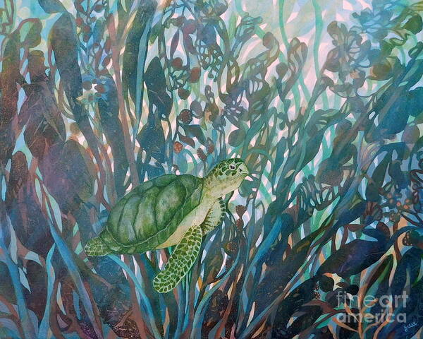 This Painting Of A Turtle Swimming Through A Forest Of Seaweed Was Painted Using Layers Of Blue And Green Transparent Acrylic On A 24 X 30 Canvas. (ribbon Winner March Members Show At Pinellas Park) Poster featuring the painting Slow Motion by Joan Clear