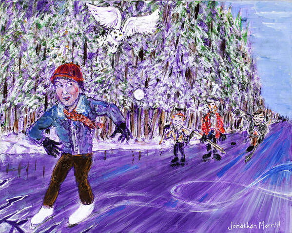 Skating Ice Figure Hockey River Newmarket Newhampshire Jonathanmorrill Childhood Memories 1970's Winter White Owl New England Frozen Poster featuring the painting Skating On Thin Ice by Jonathan Morrill
