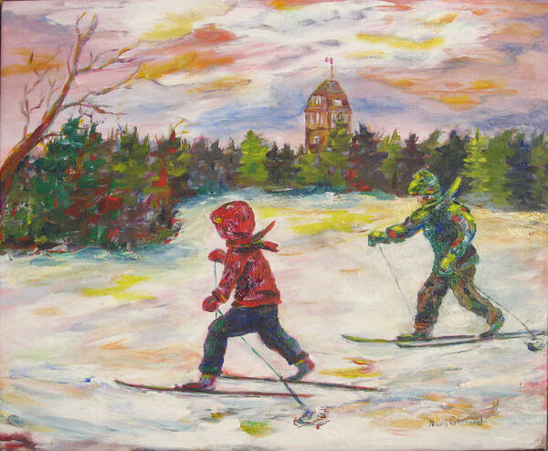 Skiing Poster featuring the painting Skiing in the Park by Naomi Gerrard