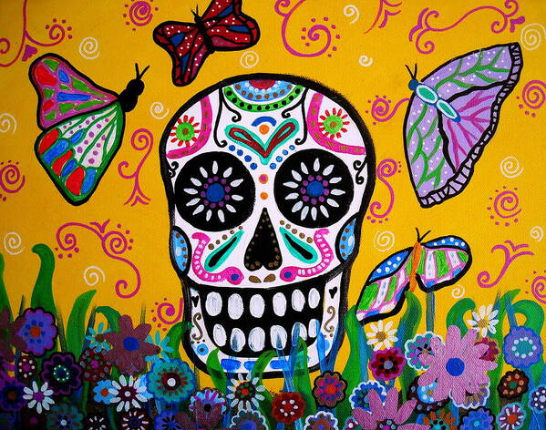 Dia Poster featuring the painting Skull And Butterflies by Pristine Cartera Turkus