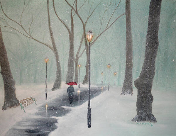 Snow Poster featuring the painting Snowfall In The Park by Ken Figurski
