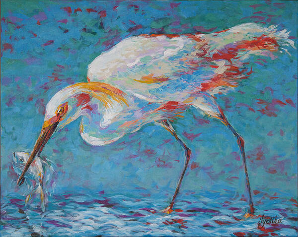 Bird Poster featuring the painting Snowy Egret's Prized Catch by Jyotika Shroff