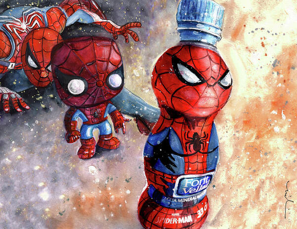 Spiderman Poster featuring the painting Spidermen On The March by Miki De Goodaboom