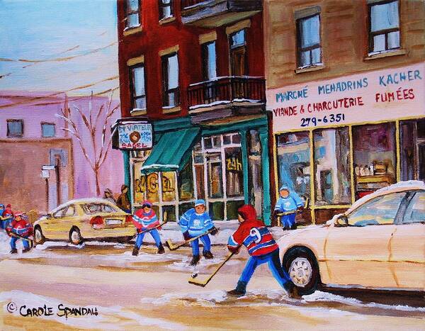 Montreal Poster featuring the painting St. Viateur Bagel with boys playing hockey by Carole Spandau