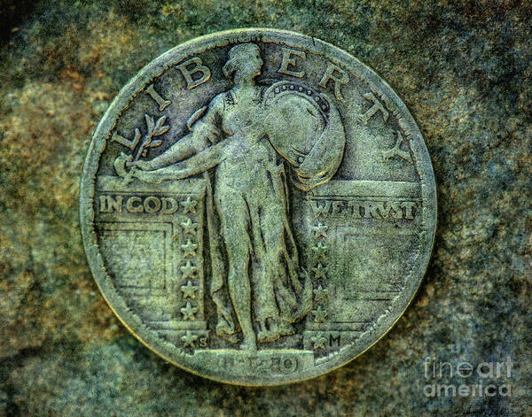 Old Silver Coin Poster featuring the digital art Standing Libery Quarter Obverse by Randy Steele