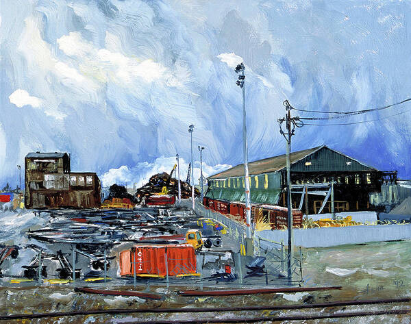 Industrial Landscape Painting Poster featuring the painting Stormy Sky Over Shipyard and Steel Mill by Asha Carolyn Young