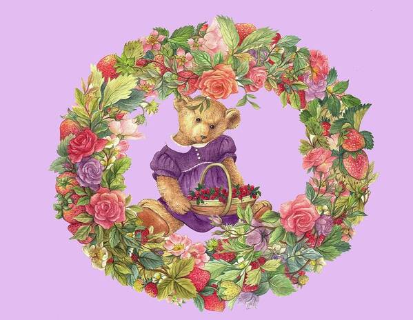 Illustrated Teddy Bear Poster featuring the painting Summer Teddy Bear with Roses by Judith Cheng