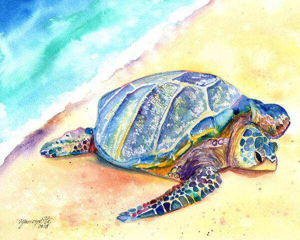 Turtle Painting Poster featuring the painting Sunbathing Turtle by Marionette Taboniar