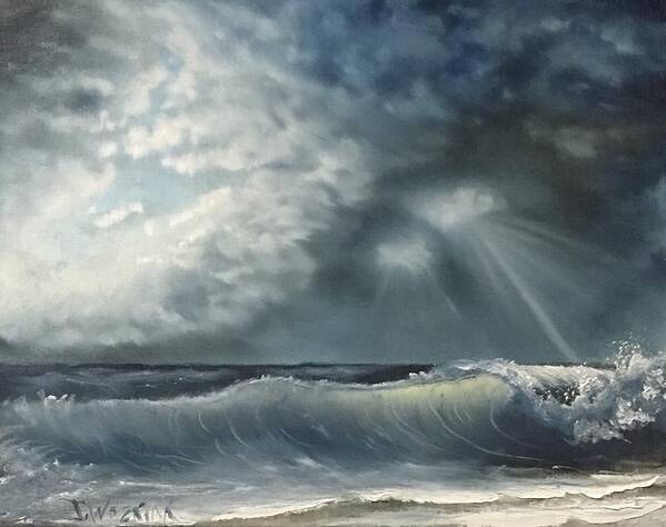 Sea Wave Ocean Water Sky Storm Beach Landscape Poster featuring the painting Sunlit sea by Justin Wozniak