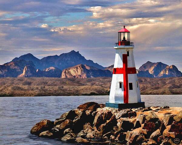 View Love Lighthouse Light House Mountain Scape Landscape Lake Havasu Sunset Twilight Ocean Sea Inland Clouds Cross Seaside Waves Art The Of To And A In Is It You He Was For On Are As I His Be One Or Had By We Can All Up An She Do If So Her With That They Have But Were Then Word Make Like Our Rkc Ron Ronald K Chambers  Poster featuring the painting Sunset at Lake Havasu by Ron Chambers