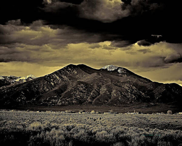 Taos Poster featuring the photograph Taos mountain in gold tone by Charles Muhle