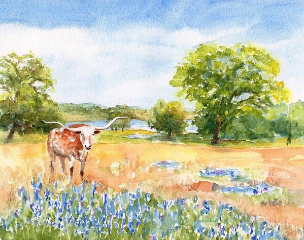 Longhorn Poster featuring the painting Texas Longhorn and Bluebonnets by Carlin Blahnik CarlinArtWatercolor
