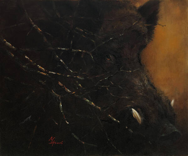 Boar Poster featuring the painting The Black Wildboar by Attila Meszlenyi