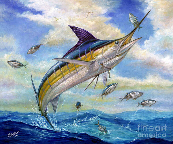 Blue Marlin Poster featuring the painting The Blue Marlin Leaping To Eat by Terry Fox