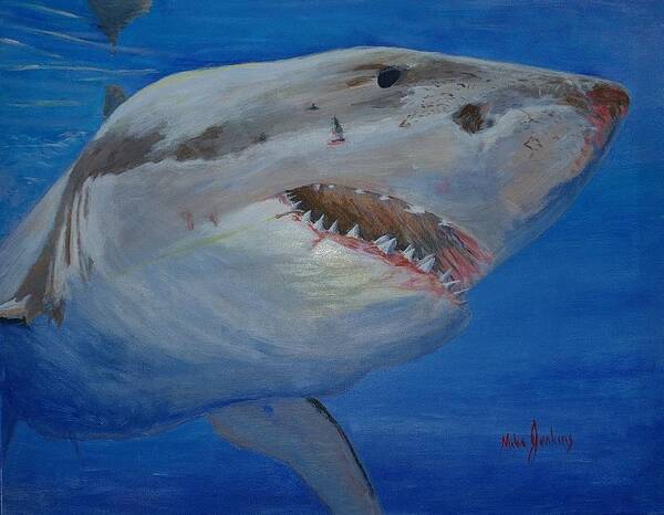 Shark Poster featuring the painting The Great White that Got Away by Mike Jenkins