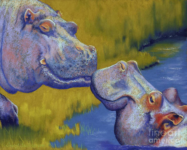 Africa Poster featuring the pastel The Kiss - Hippos by Tracy L Teeter
