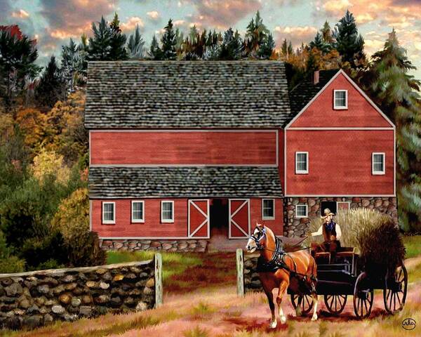 Red Barn Horse Farmer Hay Ride Hay Wagon Rock Fence Stable Farm Dusty Road Pine Trees Sunset Sunrise Dawn Twilight Yard Fall Autumn Dirt Drawn Door Forest Ranch House Early Late Evening Shed First Light Daybreak Landscape Sundown Dawns The Of To And A In Is It You He Was For On Are As I His Be One Or Had By We Can All Up An She Do If So Her With That They Have But Were Then Word Make Like Our Rkc Ron Ronald K Chambers Path Trail Country Western Animals Wild Life Wildlife Old Farmhouse Horse Poster featuring the painting The Last Wagon by Ron Chambers