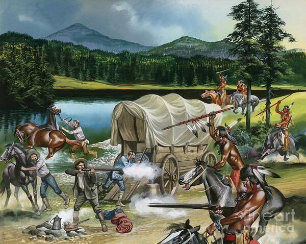 Indian; Red Man; Native American; America; Usa; Tribes; Nez Perce; Chief Joseph; Horse; Horses; Breeding; Horse Racing; Canada; Wagon Train; Covered Wagon; Rifle; Attack; Spear; Lake; Fight; Battle; Red Indians Poster featuring the painting The Nez Perce by Ron Embleton