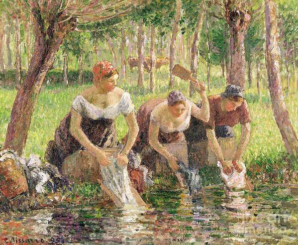 The Poster featuring the painting The Washerwomen by Camille Pissarro