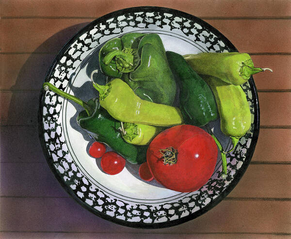 Still Life Painting Poster featuring the painting Tomatoes and Peppers by John Dyess