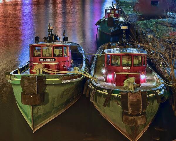 Tug Poster featuring the photograph Tug Boats at Night by Frozen in Time Fine Art Photography