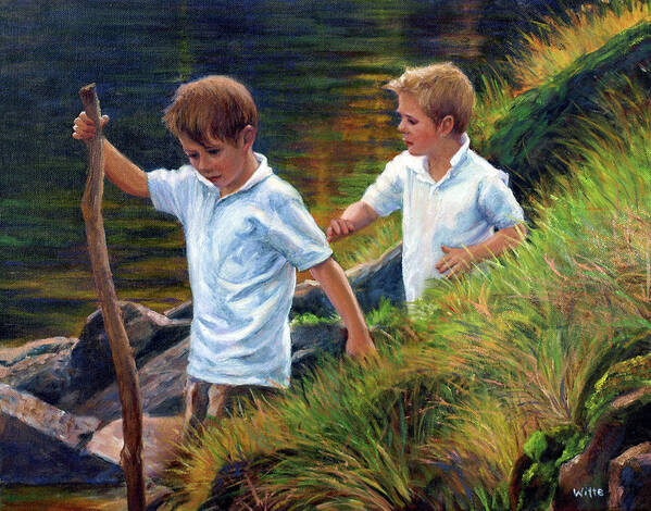 Farm Poster featuring the painting Two Boys Hiking by Marie Witte