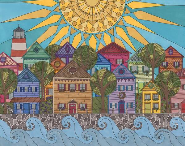 Village Poster featuring the drawing Village By The Sea by Pamela Schiermeyer