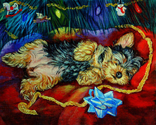 Yorkshire Terrier Poster featuring the painting Waiting for Santa Yorkshire Terrier by Lyn Cook