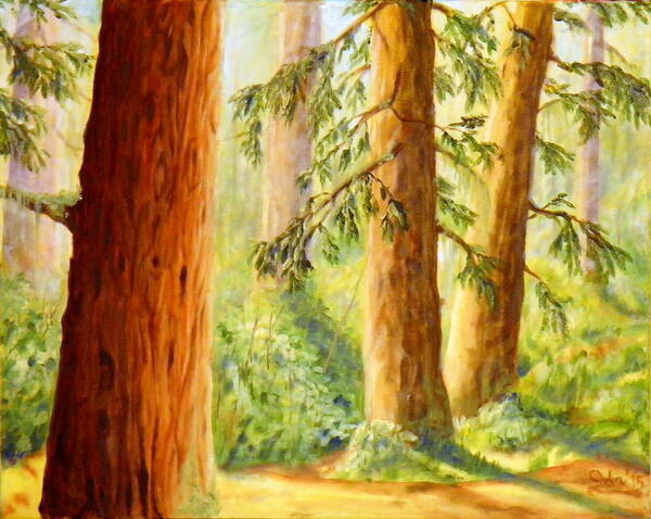 Park Woods Trees Forest Foliage Branches Bark Needles Leaves Light Shadow Green Brown Yellow Blue Orange White Moss Ground Dirt Landscape Nature Sky Poster featuring the painting Walker park in summer by Ida Eriksen