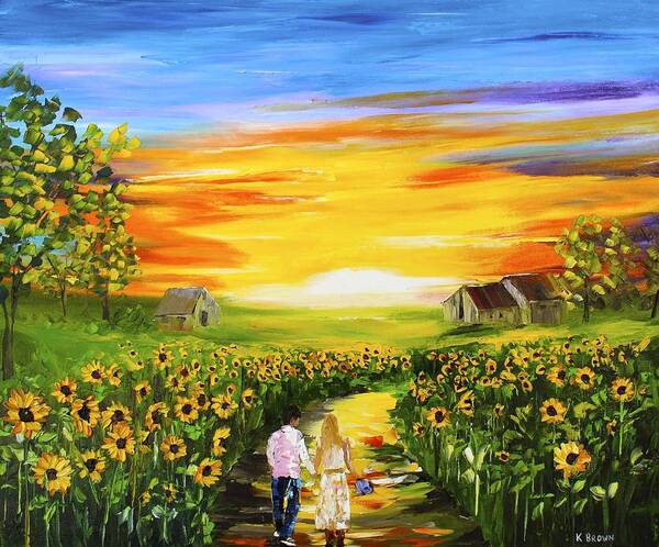 Palette Knife Paintings Poster featuring the painting Walking Through the Sunflowers by Kevin Brown