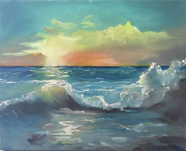 Original Oil Painting Poster featuring the painting Waves in sunrise by Maria Karlosak