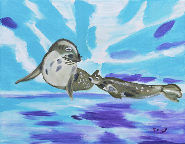 Weddell Seals Poster featuring the painting Weddell Seals Underneath Ice by Meryl Goudey