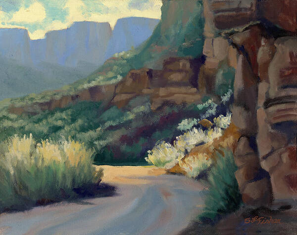 Utah Landscape Poster featuring the painting Where the Road Bends by Sandy Fisher