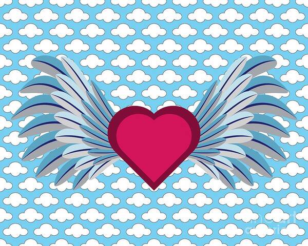 Heart Poster featuring the digital art Winged Heart in a Cloudy Blue Sky by MM Anderson