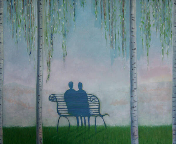 Woman Poster featuring the painting You and I on the Bench by Tone Aanderaa