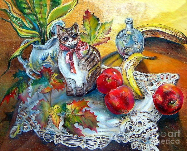 Ceramic Poster featuring the painting Apple Cat by Linda Shackelford