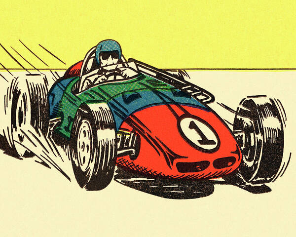 Auto Poster featuring the drawing Man Driving Racecar #1 by CSA Images