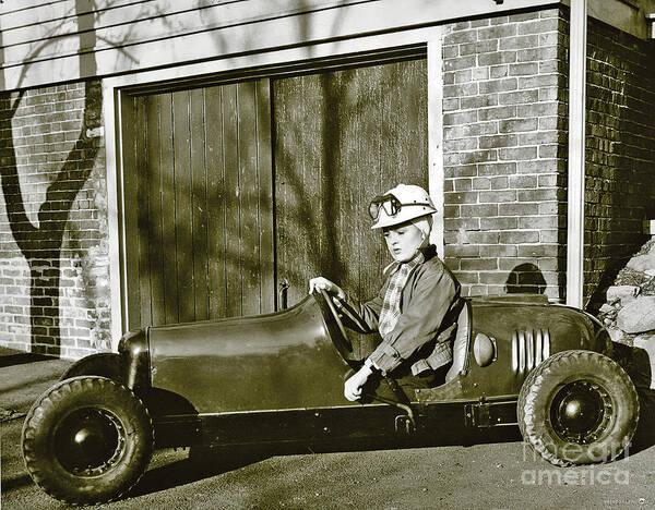 Vintage Poster featuring the photograph 1939 Custer Go Kart With Young Driver Andover, Massachusetts by Retrographs