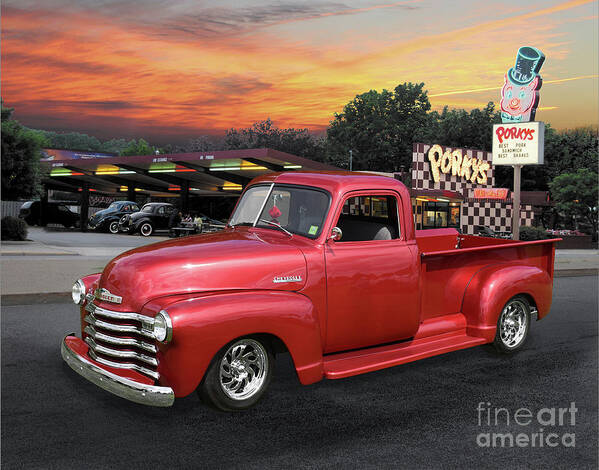 1949 Poster featuring the photograph 1949 Chevy Pickup at Porky's Drive-In by Ron Long